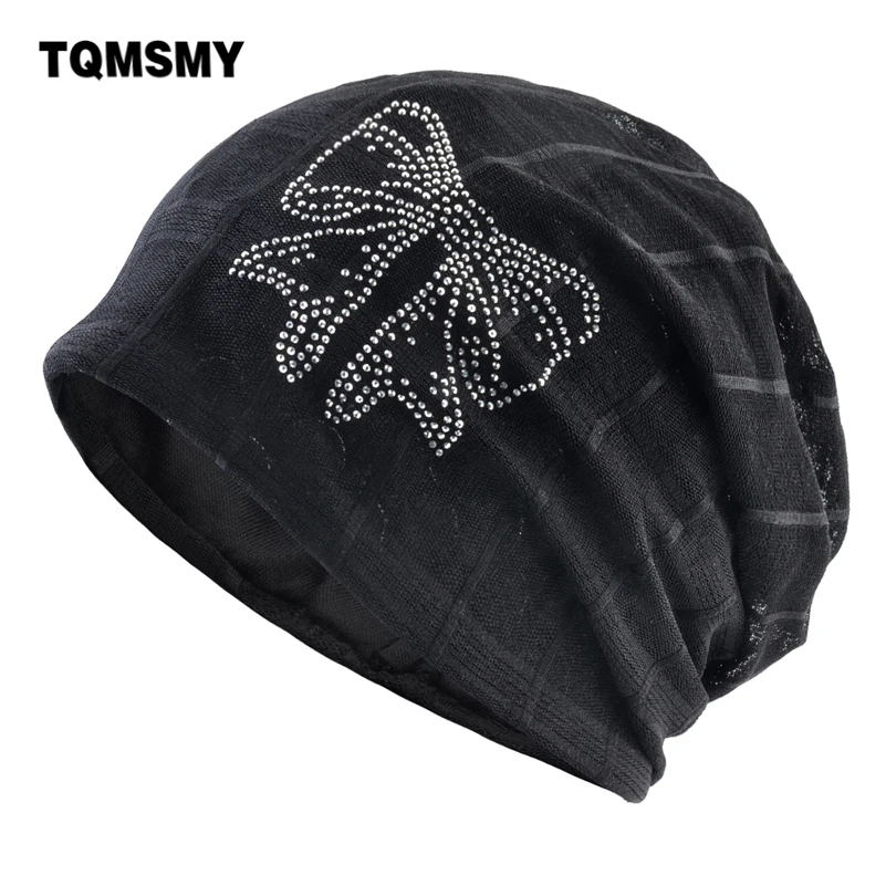 TQMSMY Ladies Hats With Rhinestone Bow-knot Knitted Thin Bonnet Hat Women Spring Summer Breathable Casual Beanies Female TME278