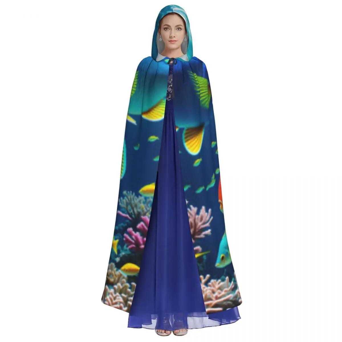 Adult Cloak Cape Hooded Tropical Fish On Coral Reef Medieval Costume Witch Wicca Vampire Elf Purim Carnival Party