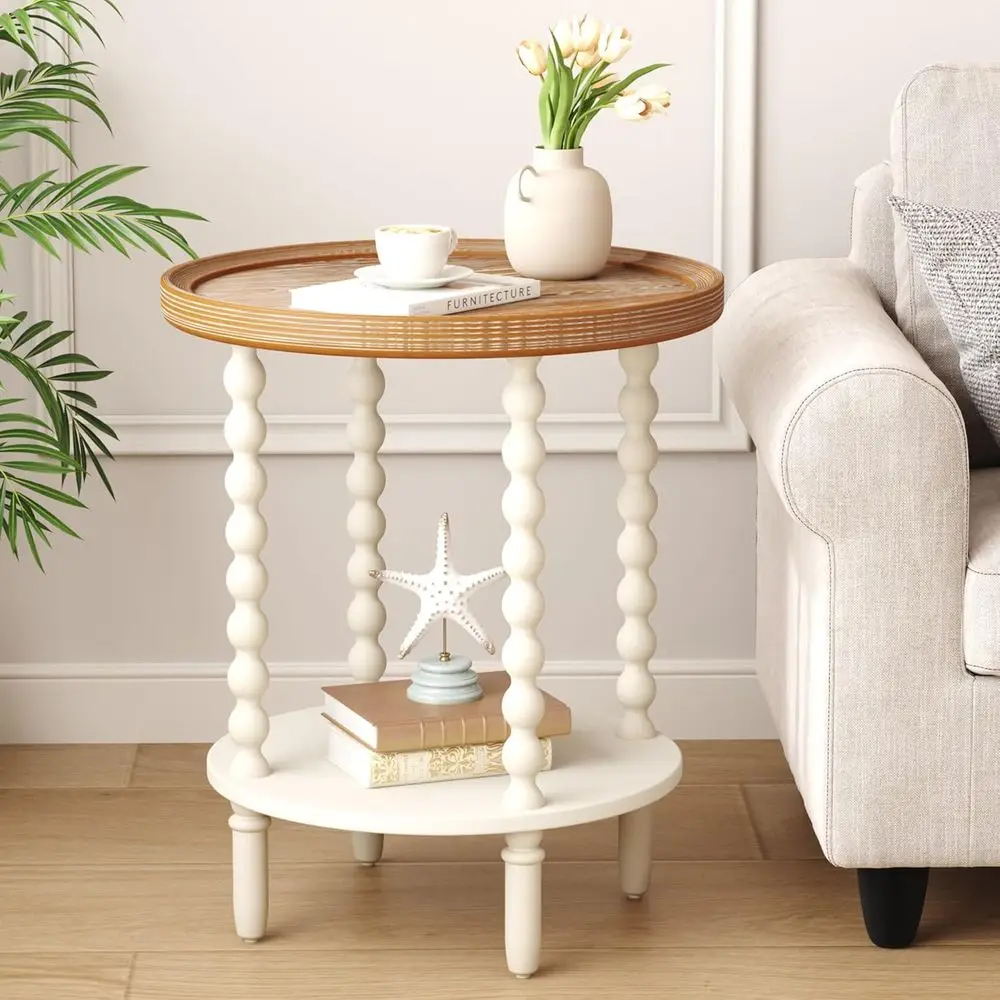

Round End Table with Storage Shelf, 2-Tier Wooden Nightstand for Small Spaces, Natural Tray Top & Vintage White Legs