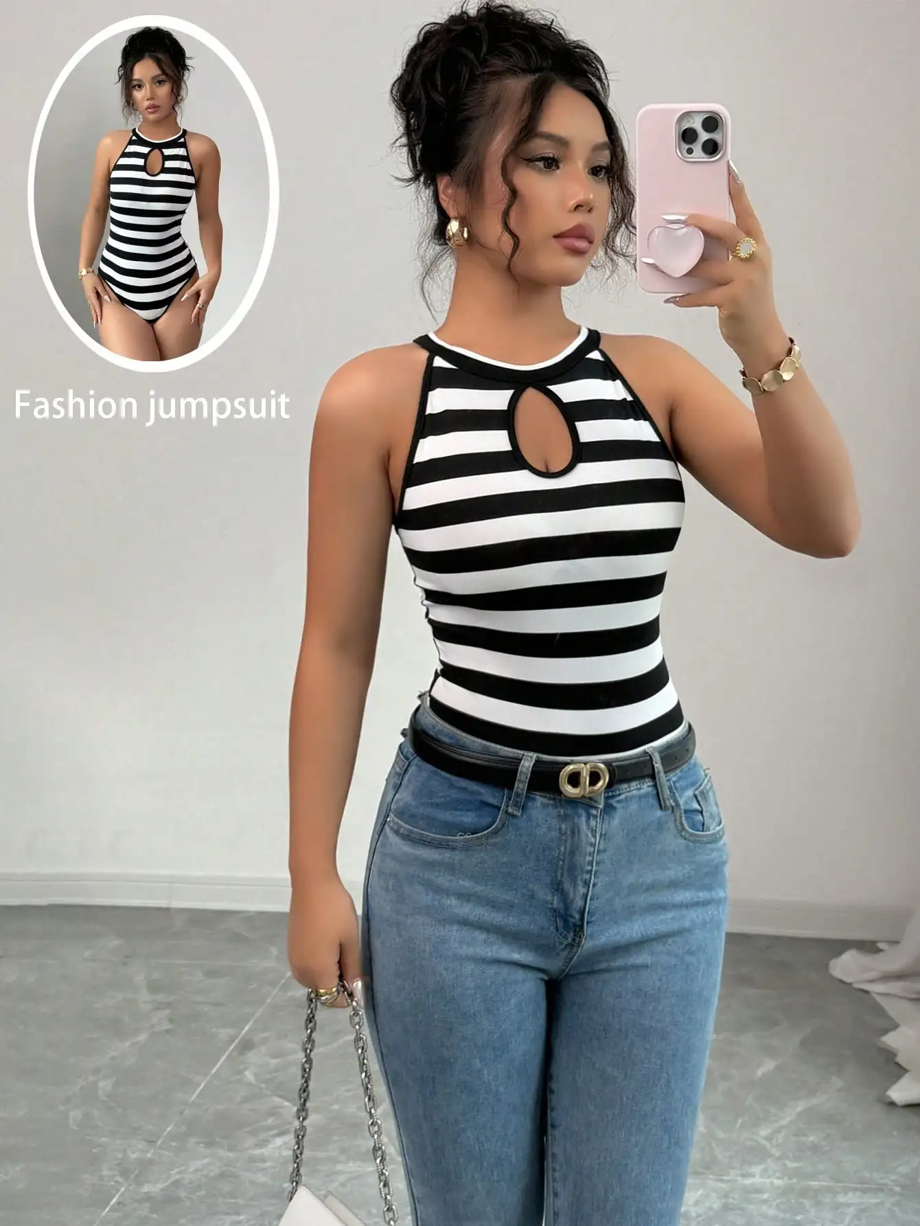 

Women's Striped Halter Neck Bodysuit with Chest Cutout - High Stretch