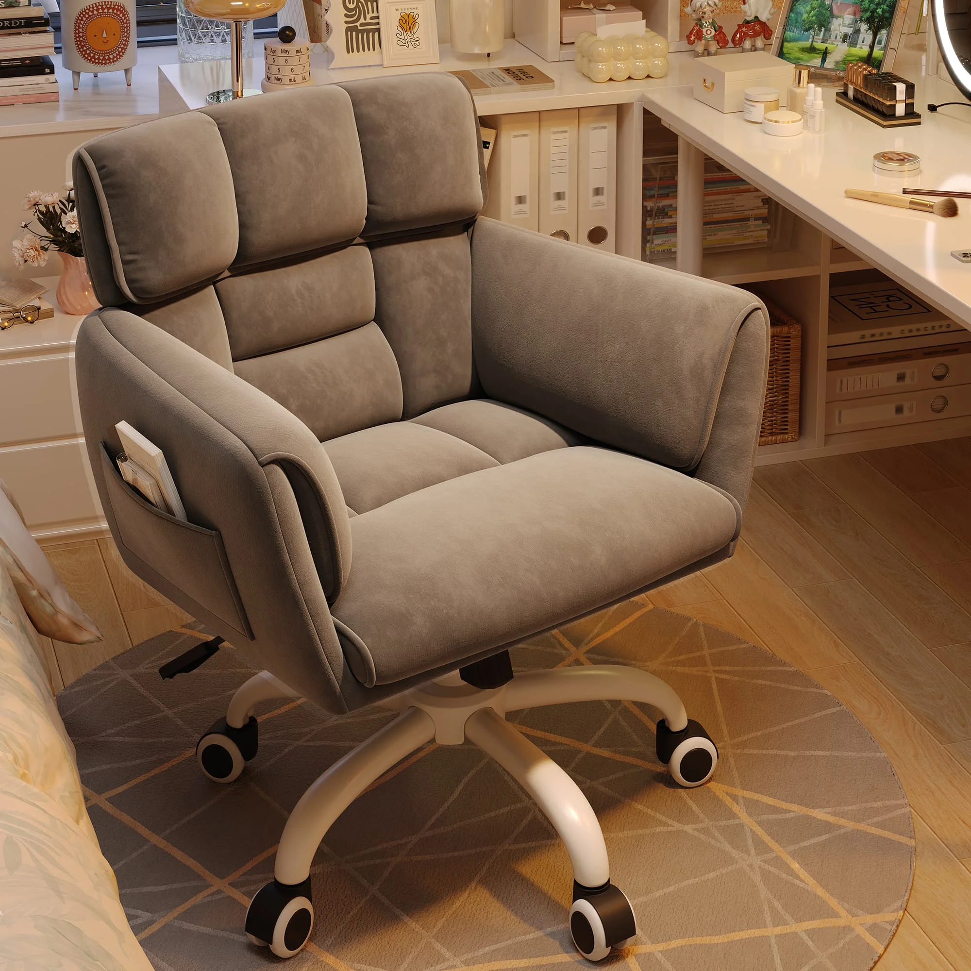 Home Office Chair with Arms Wheels Square Leisure Vanity Chair Adjustable Height Makeup Chair Soft-Touch Desk Chair for Bedroom