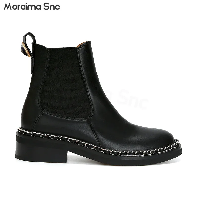 

Metal Chain Thick Heel Chelsea Boots Round Toe Medium Heel Elastic Short Boots Casual Temperament Fashionable Women's Boots