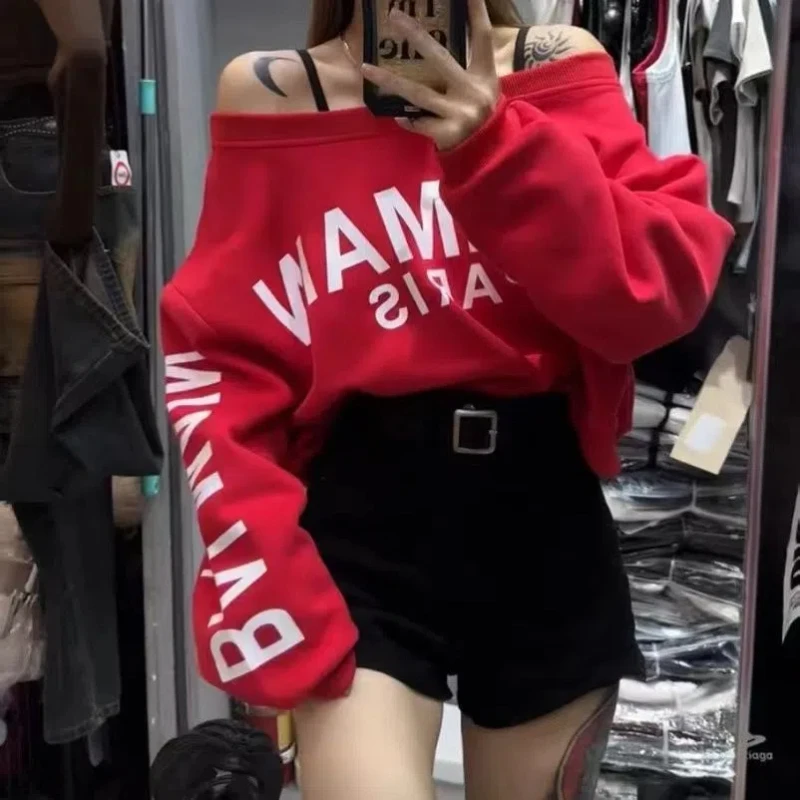 Trend Off Shoulder Letter Printing Hoodies Spring Autumn New Long Sleeve Fashion Loose Pullovers Top Casual Y2K Women Clothing