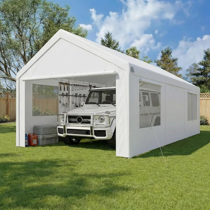 

10x20ft Heavy Duty Carport Portable Garage, 2.0 Powder Coated Frame, Waterproof with Removable Sidewalls, & Sandbags