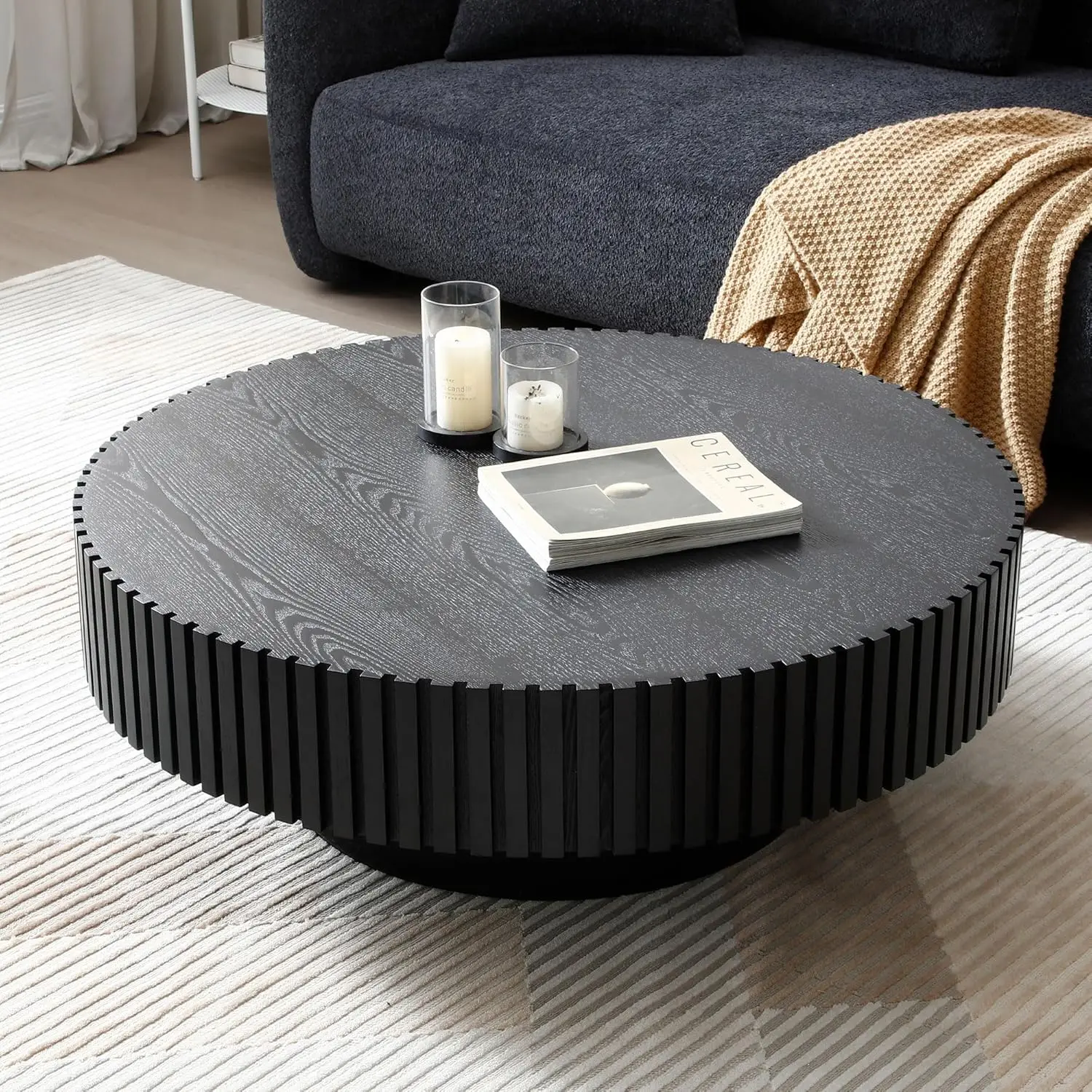 31.49" Black Round Coffee Table, Farmhouse Wood Coffee Table for Living Room,Circle Drum with Handcrafted