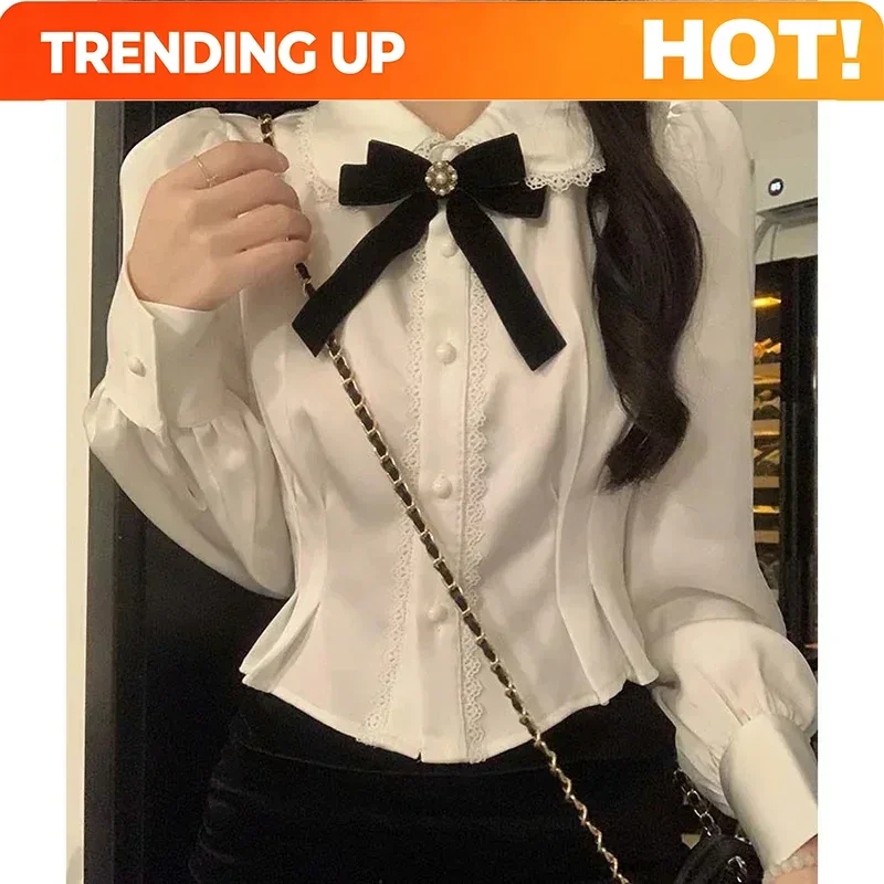 Customization Sweet White Bow Shirts Wome Preppy Kawaii Lace Patchwork Blouses Female Lolita Peter Pan Collar Long Sleeve Crop T