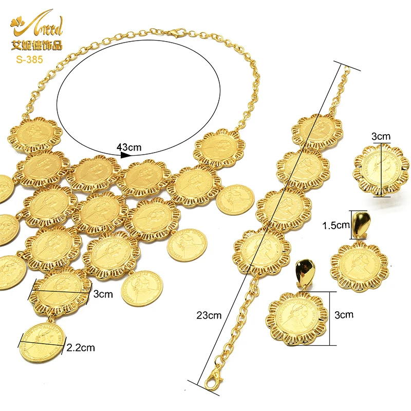 ANIID Ethiopian Luxury Gold Plated Coin Tassel Pendant Necklace Jewelry Sets African Dubai Bridal Wedding Choker Bracelets Gifts