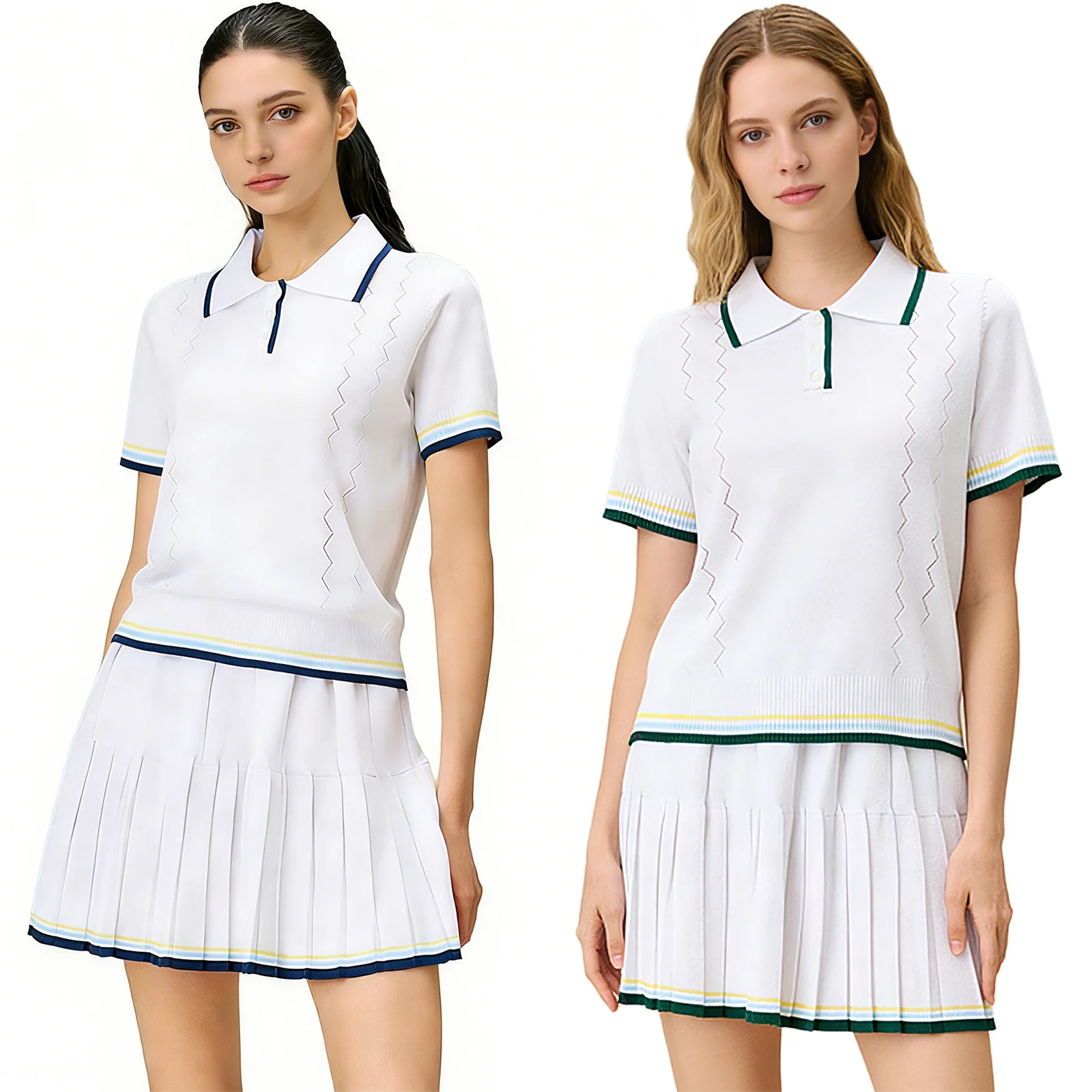 #S-L Women Contrast-Color Trim Knitted Outfit Turn-Down Collar Sleeveless Tops with Pleated Skirt for Golf Tennis Sports