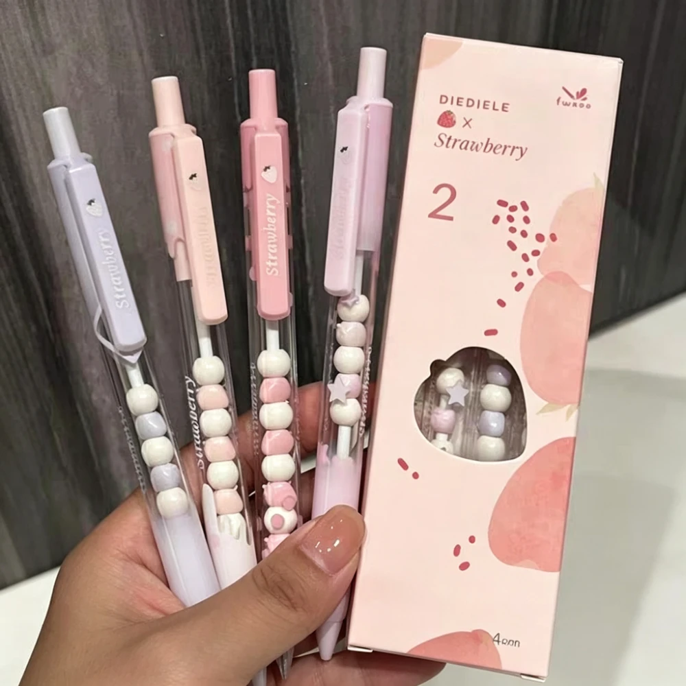 4Pcs/Set Kawaii Sweet Strawberry Gel Pen DIY Beaded Decompression Pen 0.5mm Black Ink Writing Pens Cute Stationery School Supply