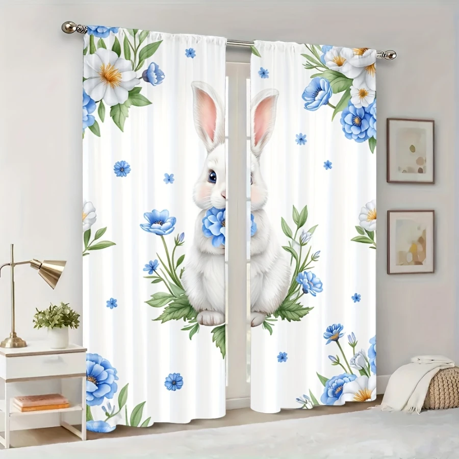 2PCS Digital Printed Curtains, Blue Flower White Rabbit Design, Easter Holiday Style for Living Room Bedroom Home Decor