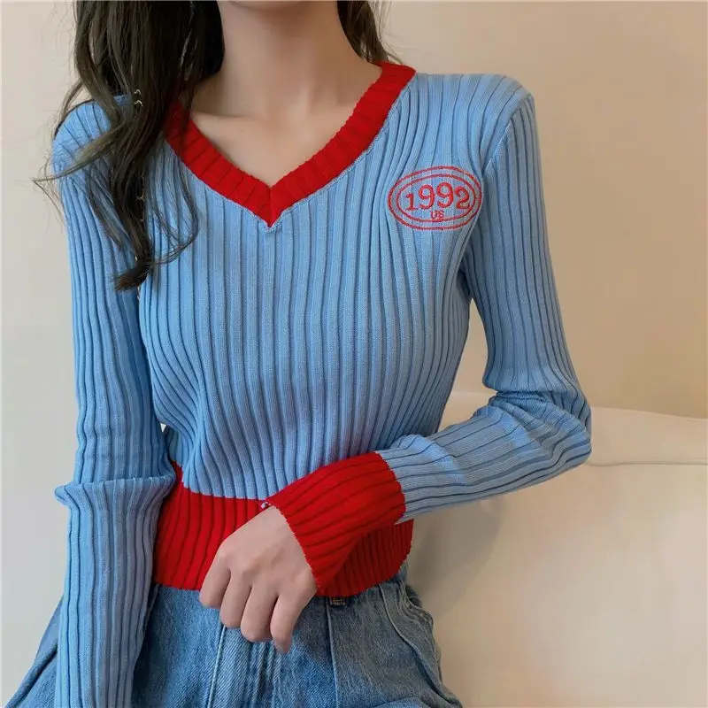 

Sweet V-Neck Knitted Spliced Embroidery Sweaters Female Clothing 2023 Autumn Winter Loose Casual Pullovers Korean Tops