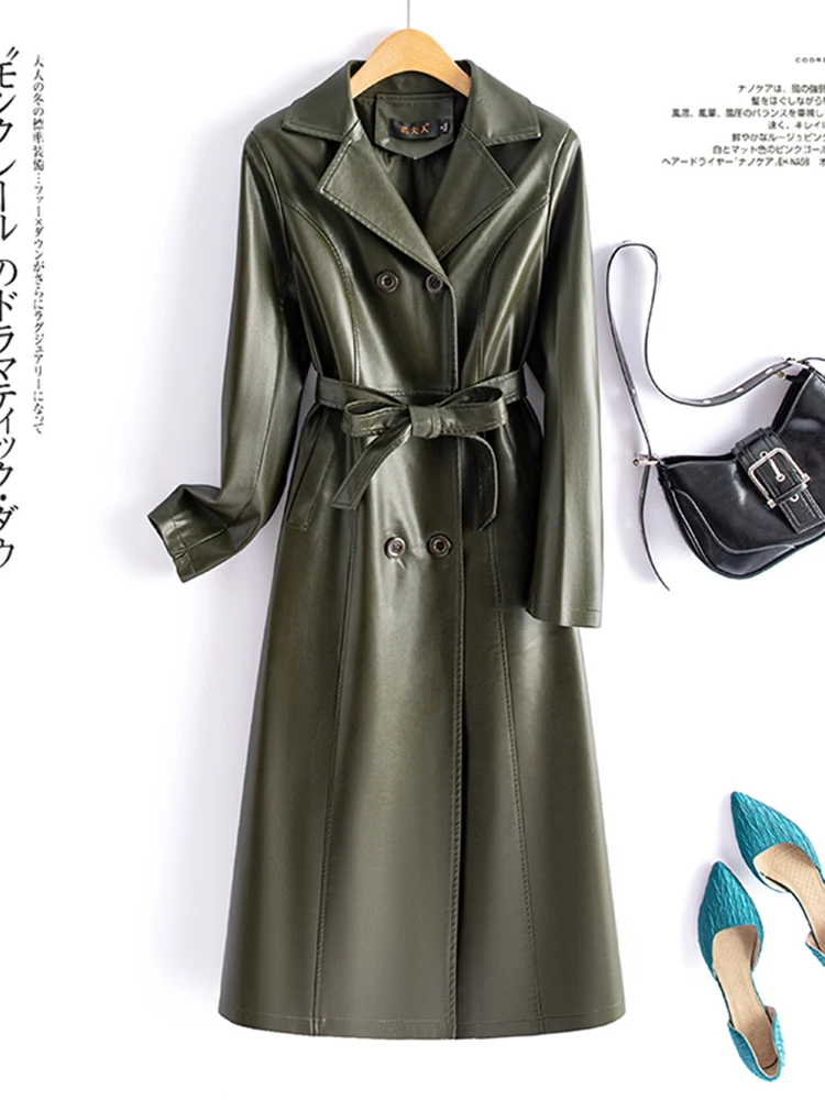   닝 정품 가죽 코트 여성용 중간 길이 무릎 위 2025 봄 가을 신상 한국 버전 슬림핏 양가죽 방풍...