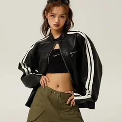 Deeptown Vintage Crop Leather Rider Jacket Women Y2k Streetwear Korean Fashion Short Racing Jackets Japanese Harajuku Style Tops