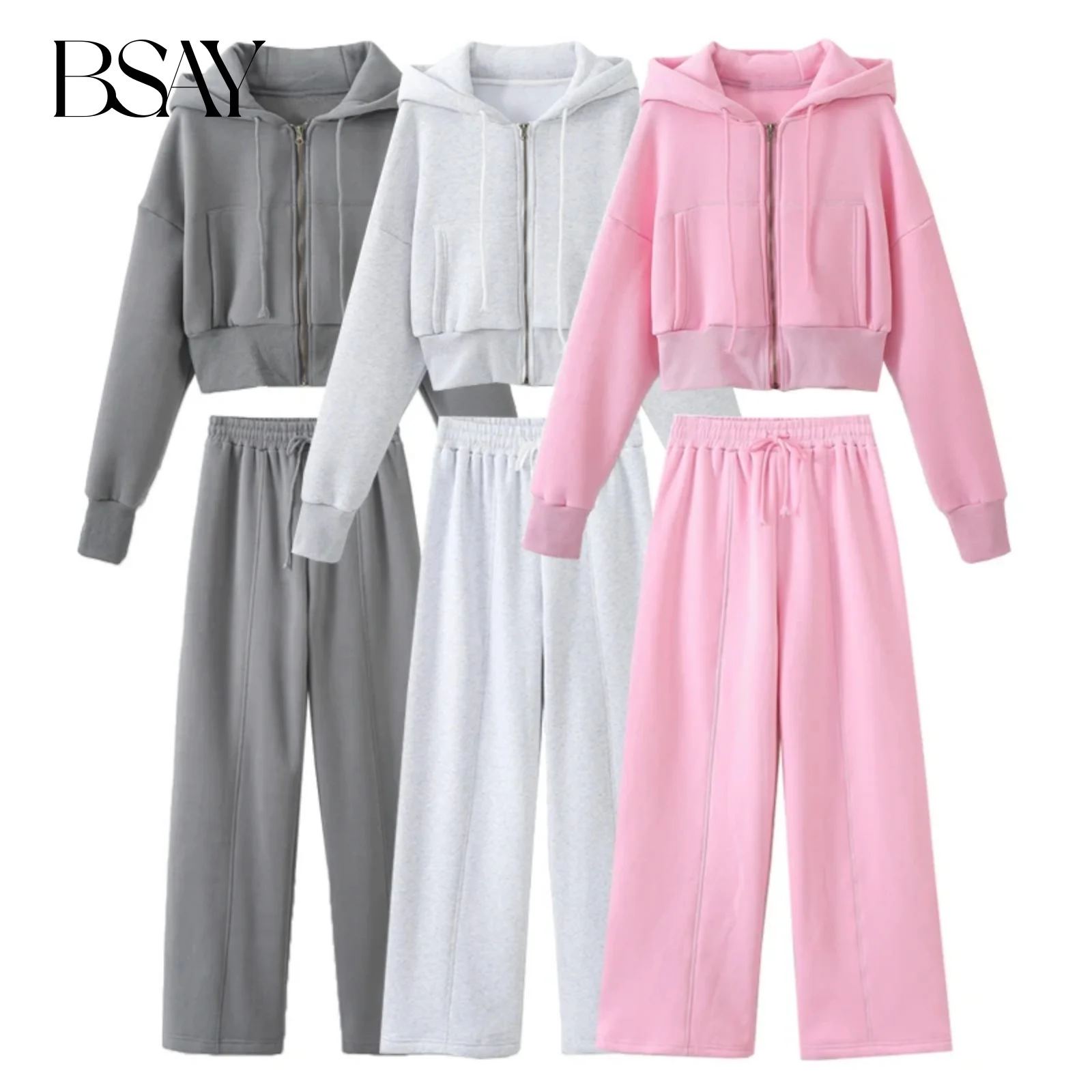 

BSAY Women Fashion Spring Long Sleeve Hooded Zip Sweatshirt Jacket Chic Female High Waist Jogging Pants Two-piece Set