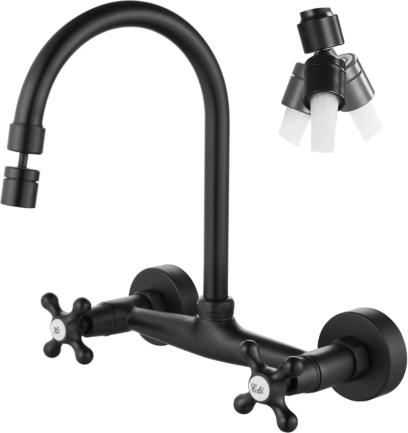 

Wall Mount Kitchen Faucet with Sprayer, 360° Swivel Spout, Double Cross Handles, Matte Black Finish for Commercial Use