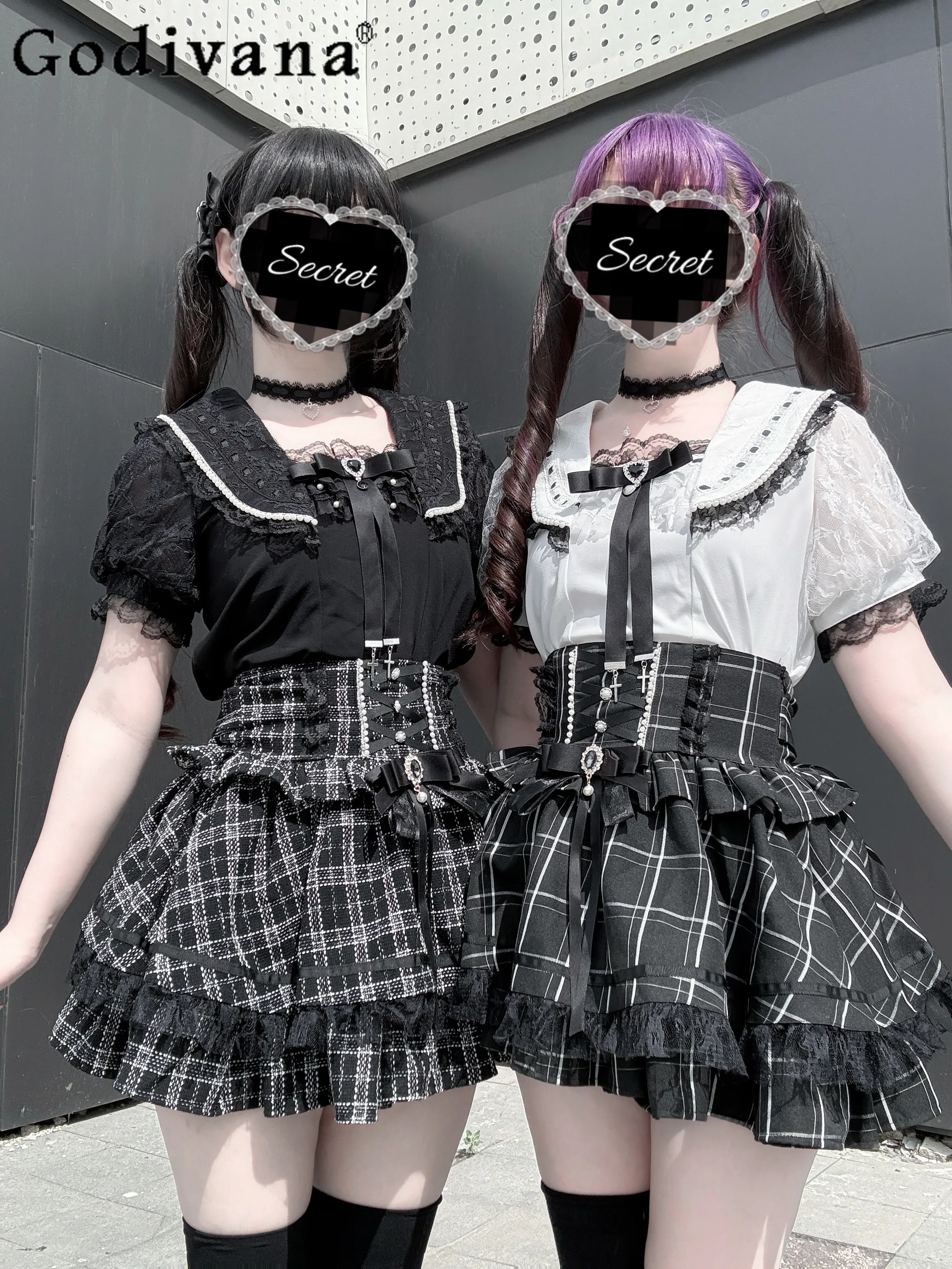 

Japanese Mine Series Mass-produced Plaid Skirt Set 2-piece Set Women Summer Girl's Sweet Lolita Short-sleeved Shirt Skirt Outfit