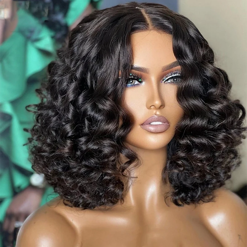 Perruque Bob Lace Front Wig sans colle pour femme, perruque courte, douce, bouclée, Deep Wave, cheveux de bébé, pre-plucked, densité 180, noir naturel