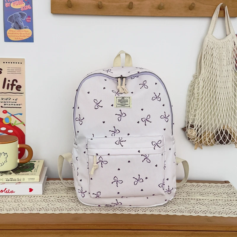 Soft Fresh Bowknot Pattern Backpack, Lightweight Multi-compartment Large Capacity Student Bag Secondary Campus & Outdoor Outings