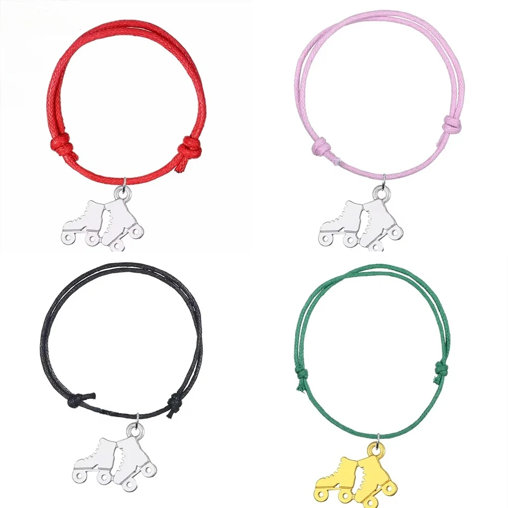 8 Colors Adjustable Waxed Cord Bracelets Women Roller Skates Pendants Wrist Wrap Gifts For Friends 5Pcs/Lot Wholesale