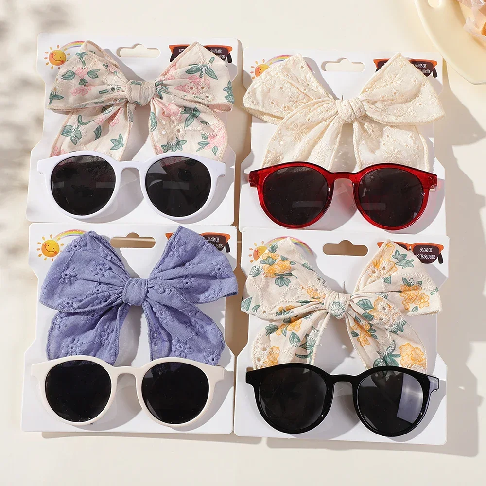 2Pcs/lot Sweet Girl Big Bow Hairclips Retro Sunglasses Gift Set for Children Handmade Hairgripes Kids Hair Glasses Accessories