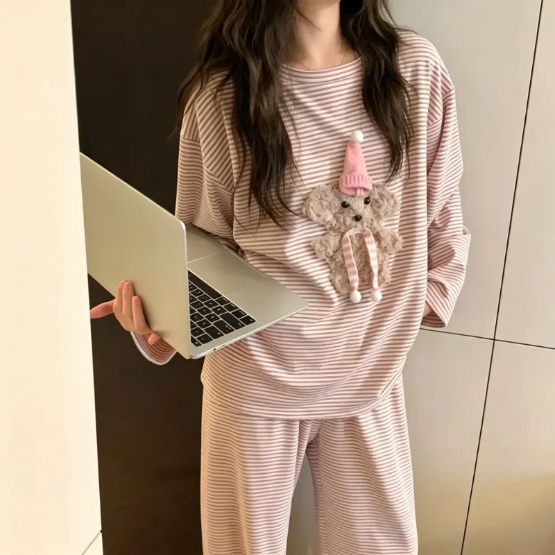 Autumn Women 2-Piece Pajamas Set Cute 3D Puppy With Pink Hat Striped Print Soft Casual Daily Home Loungewear Sleepwear Outfit 2