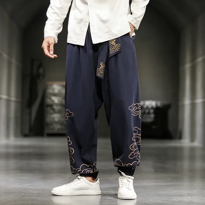 Chinese Style Retro Auspicious Clouds Print Pants Men Clothing Autumn Fashion Clothes Loose Casual Hemp Harem Pants