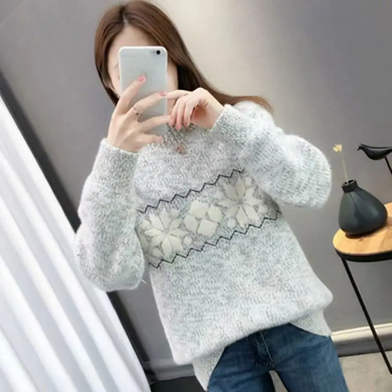 2022 Autumn Winter New Casual Fashion Round Neck Snow Printed Loose Sweater Female Clothing All-match Pullovers Korean Sweaters