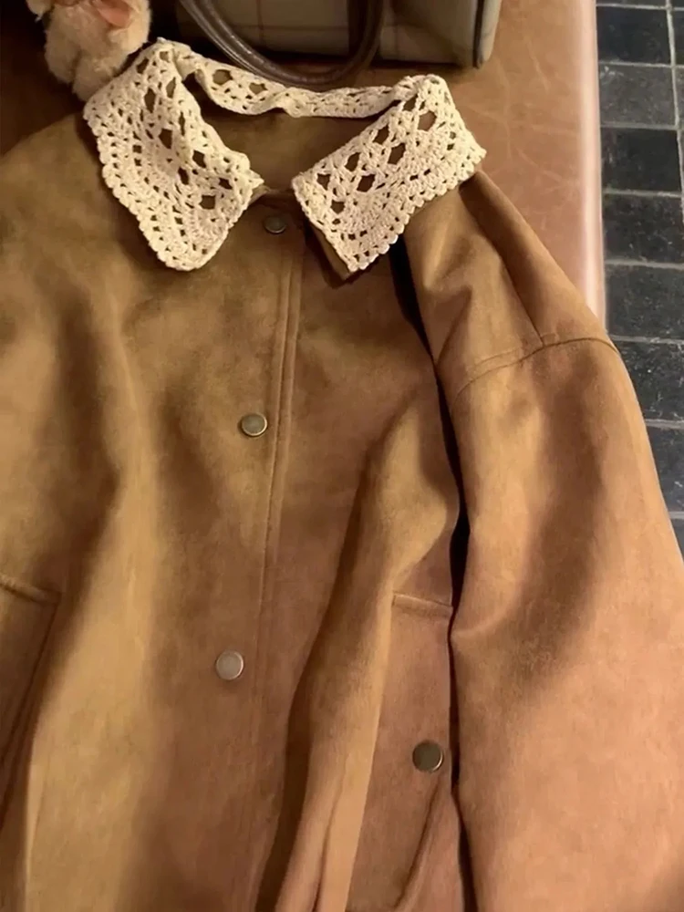 Women Korean Vintage Jacket Autumn Patchwork Bandage Streetwear Casual Coats Y2K Hottie Loose Long Sleeve Button Brown Outwear