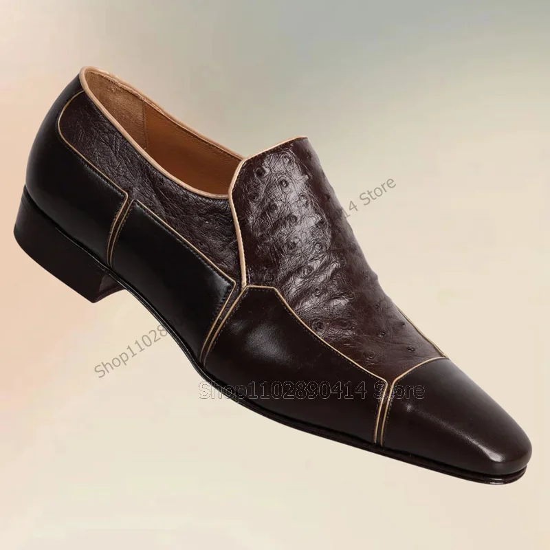 

Brown Leather Ostrich Print Square Toe Loafers Fashion Slip On Men Shoes Luxurious Handmade Party Banquet Office Men Dress Shoes