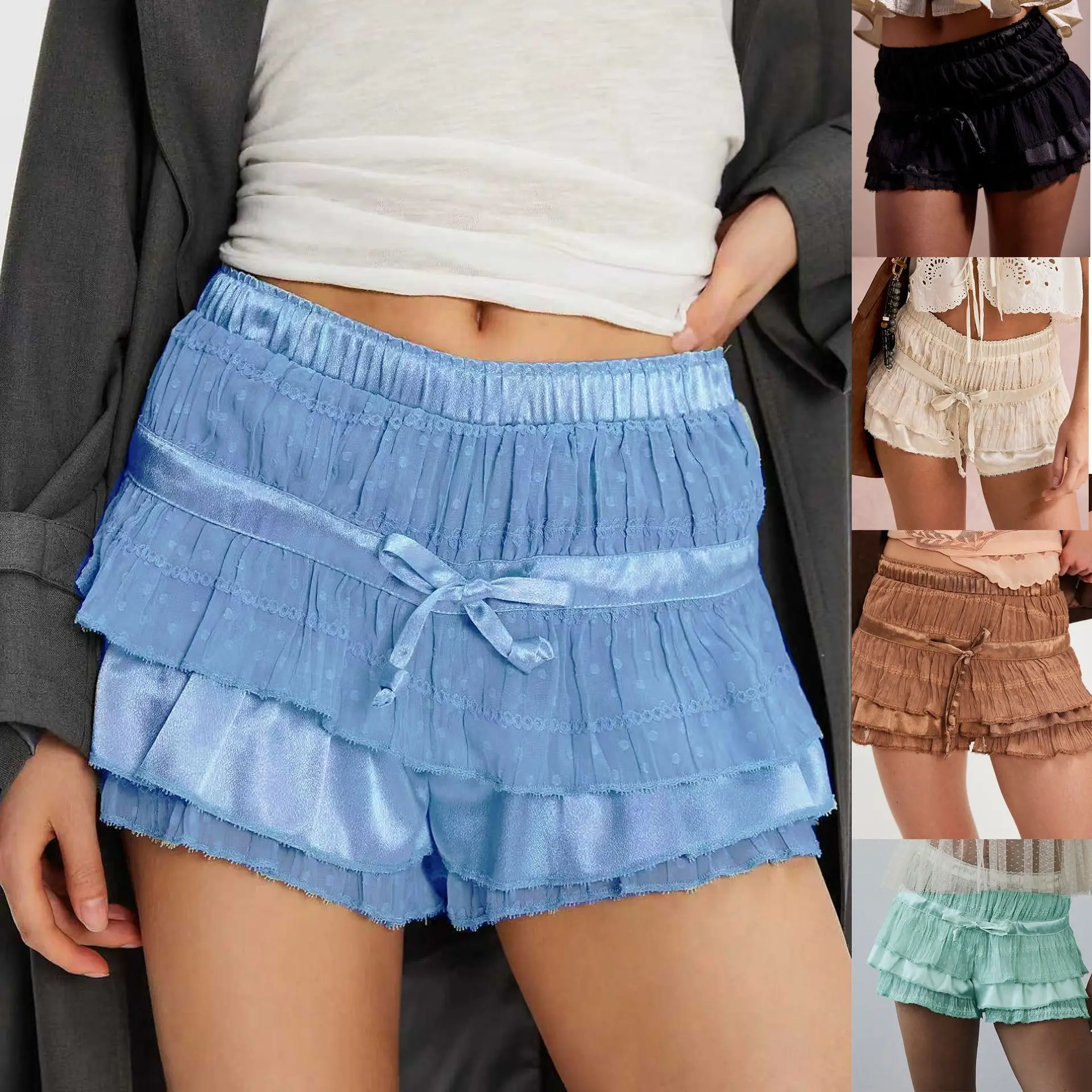 Sky Blue Mesh Satin Ruffle Shorts High Waist Drawstring Bow Multi Layer Mini Hot Pants Sleep Lingerie Casual Bottoms O5J6