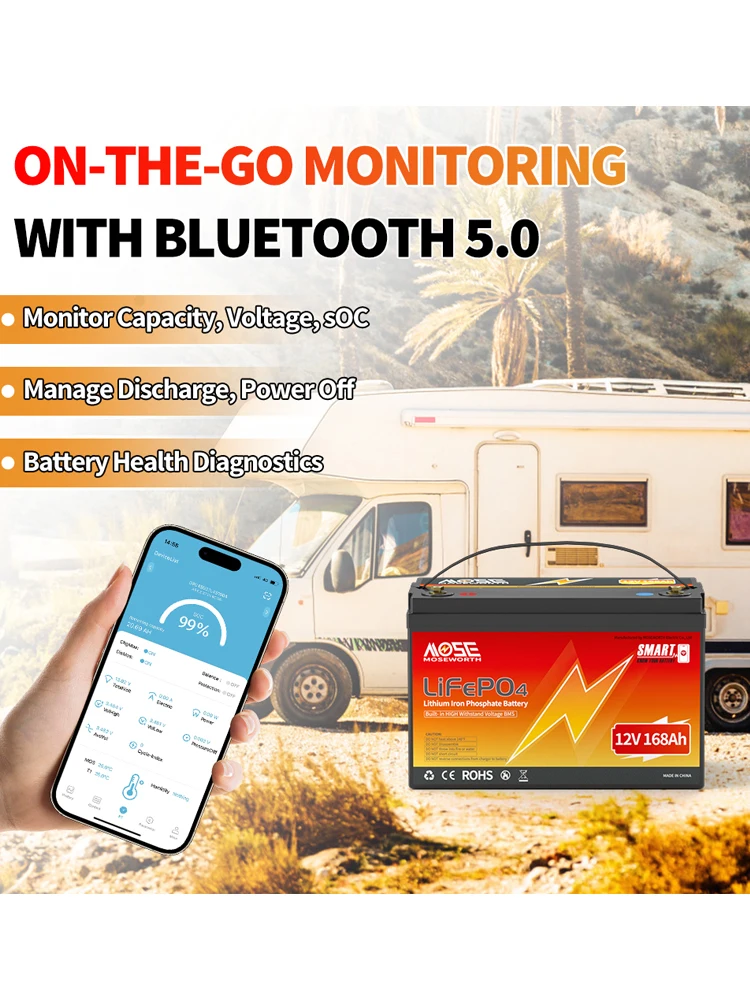 MOSEWORTH LiFePO4 Batterie 12V 168AH Lithium-Akku mit Bluetooth BMS Wiederaufladbare Batterien Tiefzyklus-Akku für Wohnmobile und Solarpanels