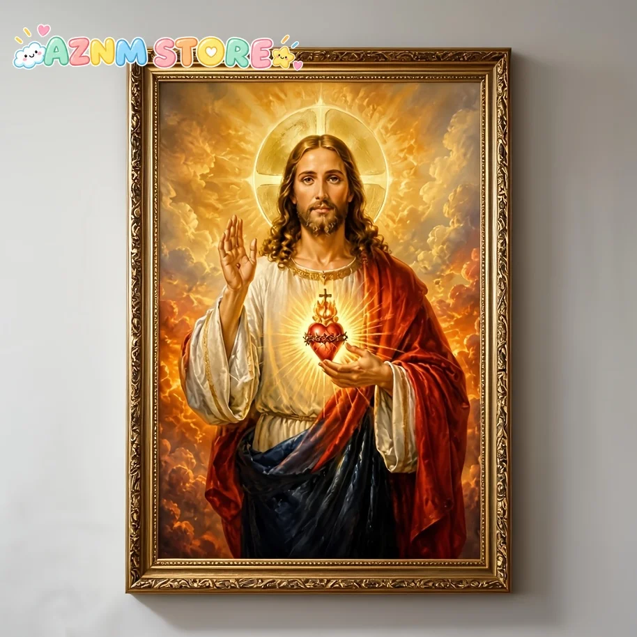 2027Pósters e Impresiones, Cristo Sosteniendo el Sagrado Corazón, Arte de Pared en Lienzo sin Marco, Estilo de Pintura al Óleo Vintage, Retrato Religioso Sagrado