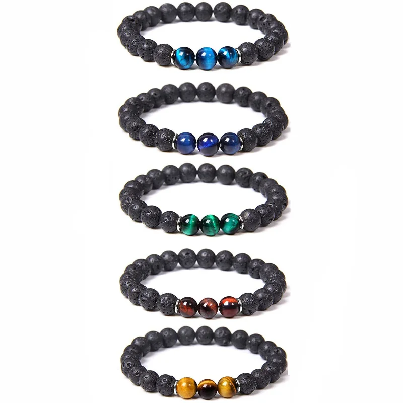 

10pcs 8mm Black Lava Bead Blue Tiger Eye Stone Bracelet for Women Men Energy Jewelry Buddha Strench Jewelry