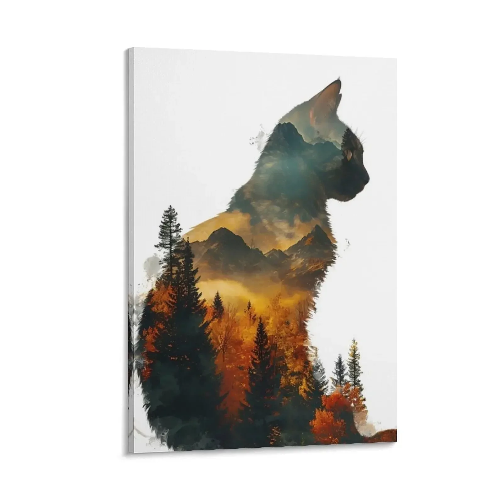 

Cat in double exposure of forest mountains silhouette Canvas Painting room decorations aesthetic room decor