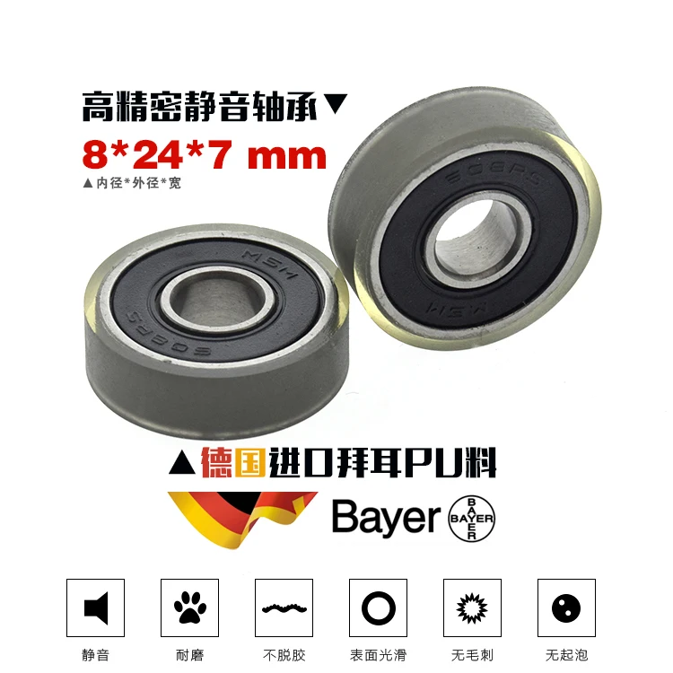 1PC 608 bearing rubber-coated pulley 85A mute roller PU polyurethane soft glue Mismi flat guide wheel 8*24*7