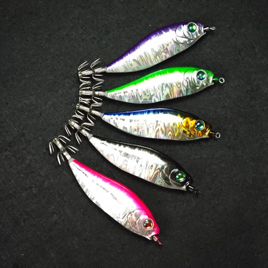 5-teiliges Set Horizontal Squid Jig Egi Set, mehrfarbig, laserholografische Beschichtung, langsam sinkender Tintenfischköder, Zubehör für Eging-Angeln – Detail 3