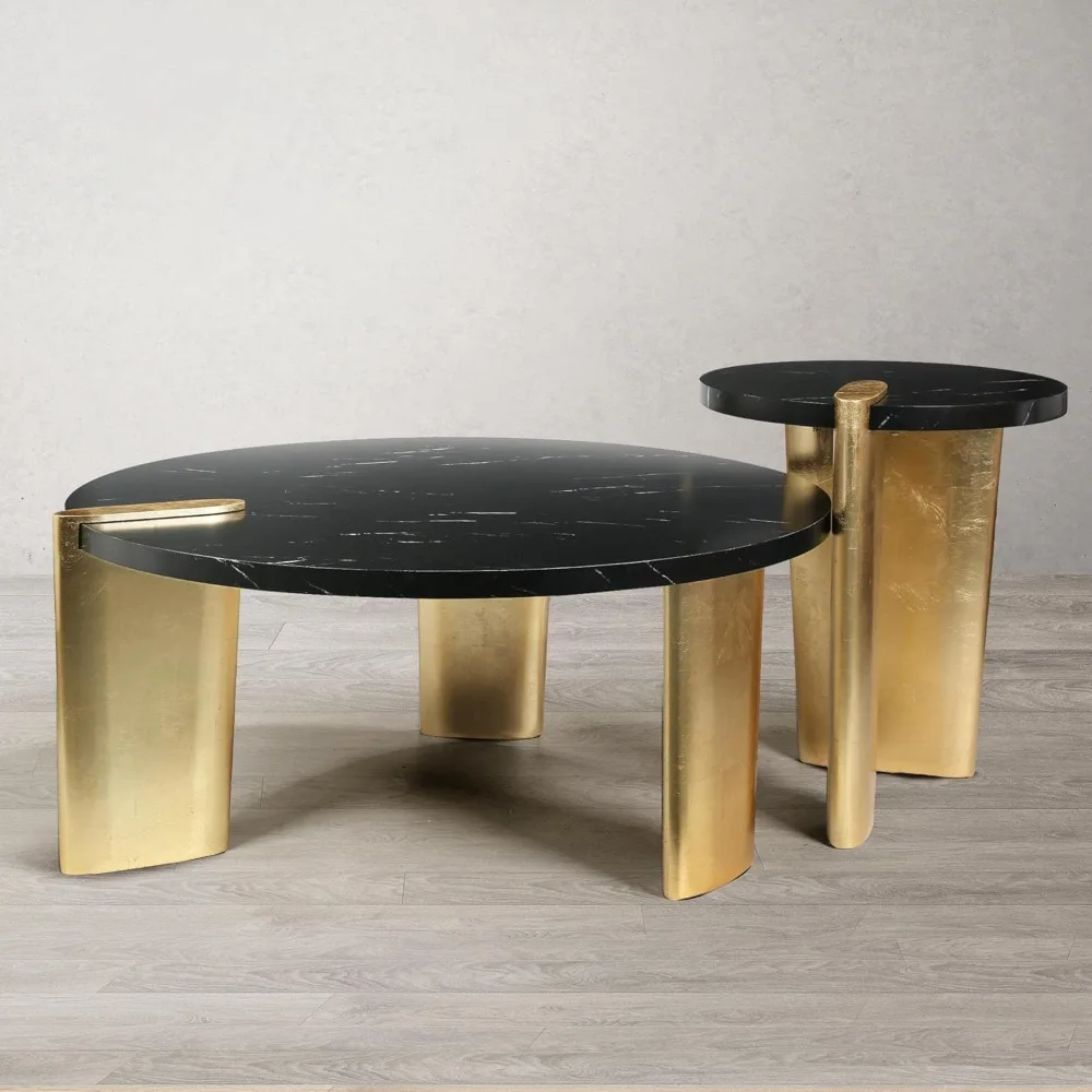 Nesting Coffee Table, Marble Veneer Top, and Gold Foil Legs