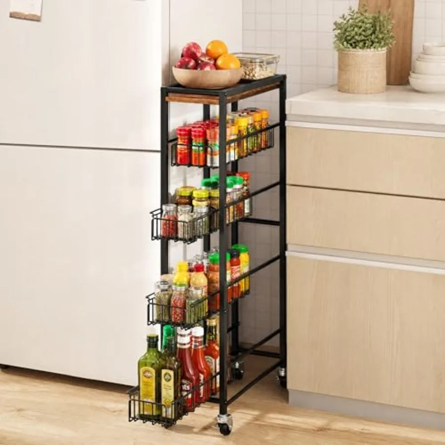 

5-Tier Slim Rolling Cart Kitchen Utility Cart, Narrow Kitchen Cabinet with 4 Pull-Out Baskets - Versatile Rolling Storage Cart