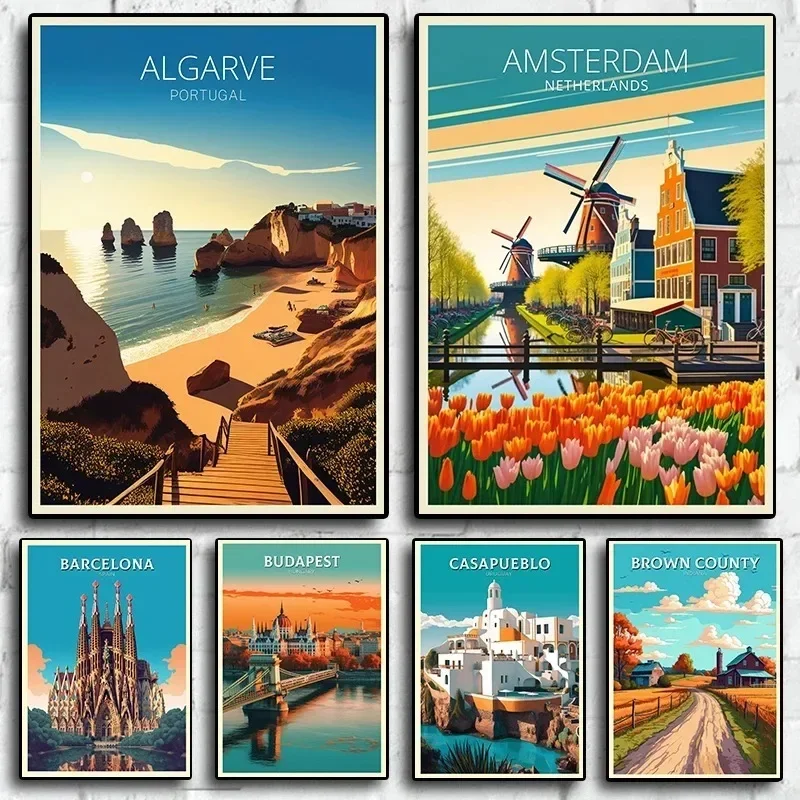 Retro Holiday Travel City Canvas Prints  Algarve Amsterdam  Wall Art Decor for Living Room  Tourism Posters  Pictures