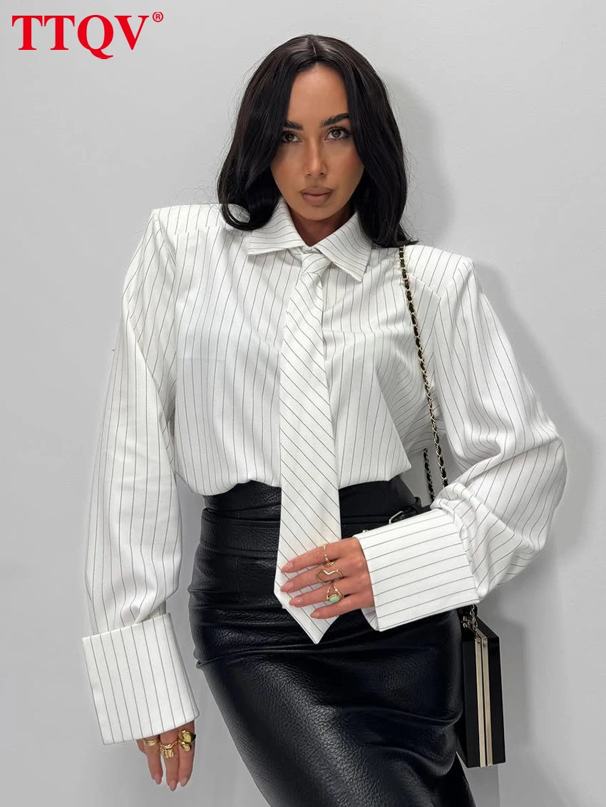 

Женская рубашка TTQV Fashion свободного кроя с полосатым принтом, весна 2026, с отложным воротником, длинным рукавом, элегантная классическая блузка с завязками, женская одежда