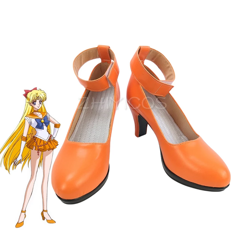 New Anime Aino Minako Sailor Venus Cosplay Shoes Cosplay Boots Orange PU Leather High Heels Girls Halloween Party Shoes