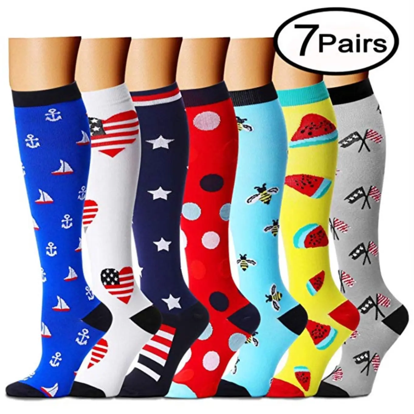 

Printed Compression Socks(3/7Pairs),15-20 Mmhg Knee High Nylon Medical Stockings for Men & Women Running Nurses Travels