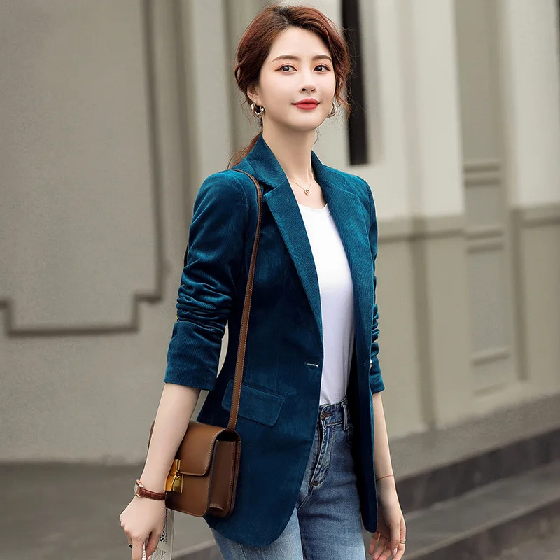 New Spring Fashion Women Midnight Navy Slim Corduroy Blazer Office Lady Single Button Suit Jacket Coat Girl Party Clothing Gift