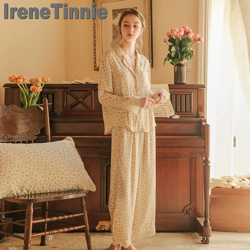 

IRENE TINNIE 2024 Lady Fashion Loungewear Home Chothes Printing Nightgown Set Women Loose Sleepwear Long Sleeved Lapel Nightwear