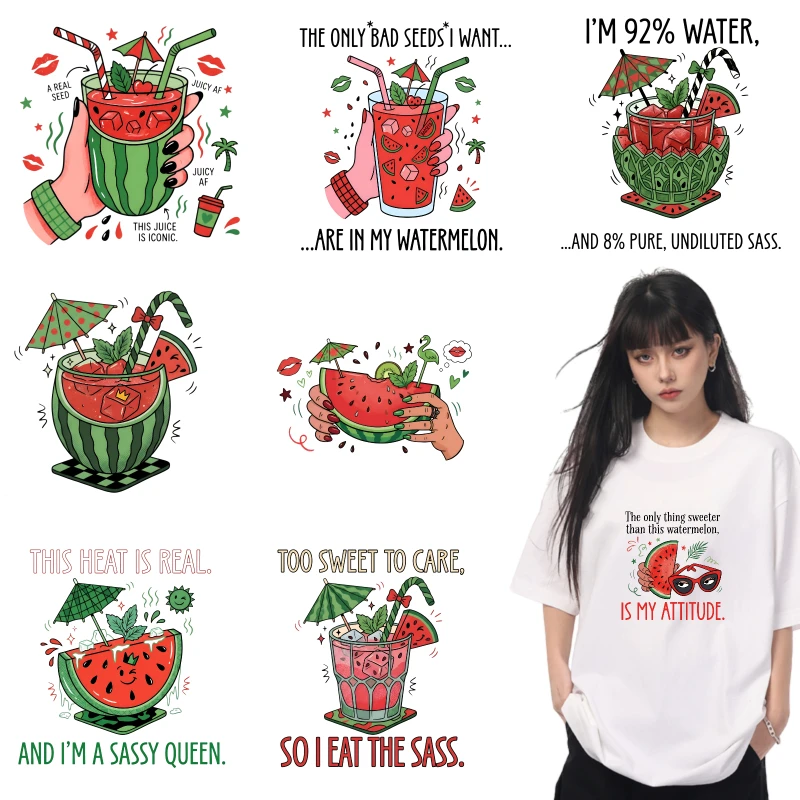 2PCS Watermelon Drink With Umbrella And Seeds iron on patches DTF Patches for clothes Iron-on transfers for clothing heat