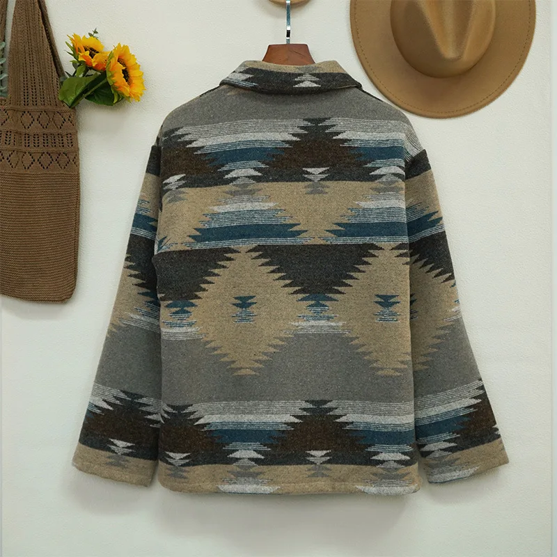 

Женская свободная шерстяная куртка, осенне-зимняя модная верхняя одежда с геометрическим узором и отложным воротником, техническая верхняя одежда, дизайн Cus