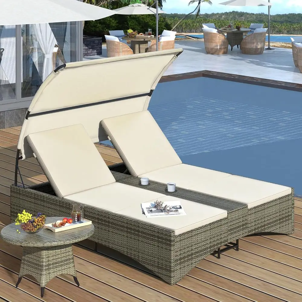 

All-Weather Double Chaise Lounge with Adjustable Backrest, Storage, and Cup Holders for Outdoor Patio (Cream)