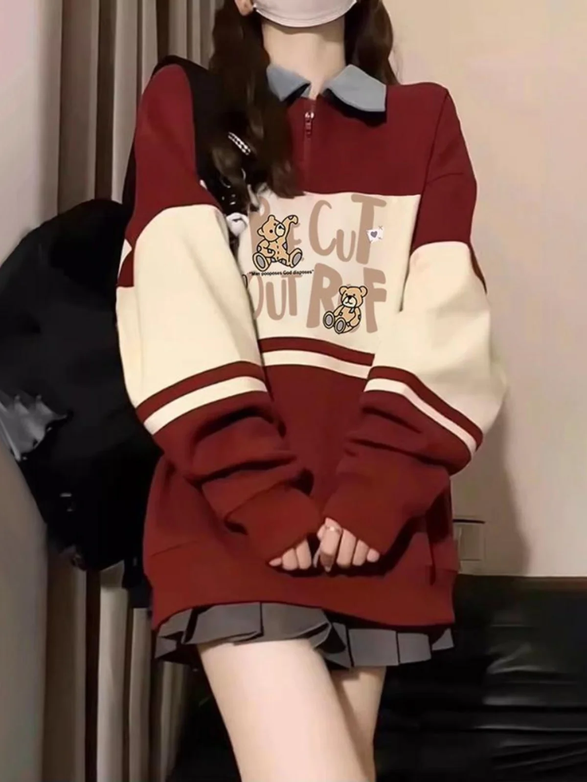 سترة نسائية بياقة بولو على الطراز الأمريكي القديم للخريف والشتاء، مصنوعة من الصوف بتصميم فضفاض وأنيق عالي الجودة