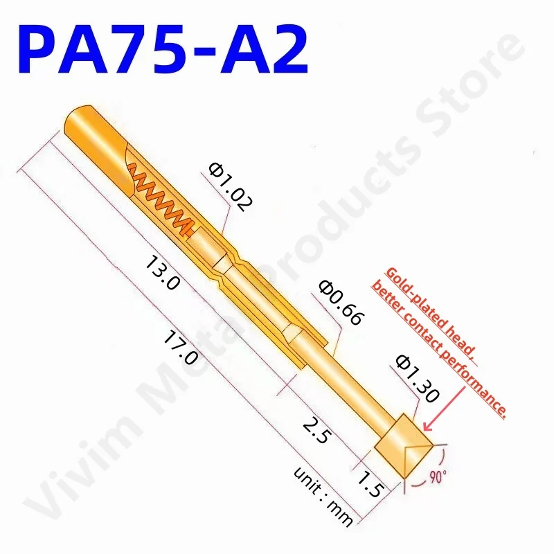 20/100 pièces 40g PA75-A2 sonde de Test à ressort PA75-A outil de Test de broche de Test 17.0mm 1.02mm pointe d'aiguille en or Dia 1.30mm broche Pogo P75-A P75-A2