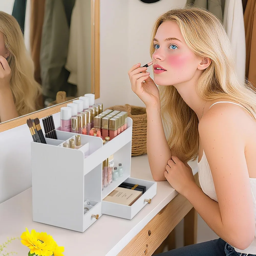 منظم مكياج من الخيزران مع أدراج لتخزين مستحضرات التجميل، لا يتطلب تجميع باللون الأبيض #3